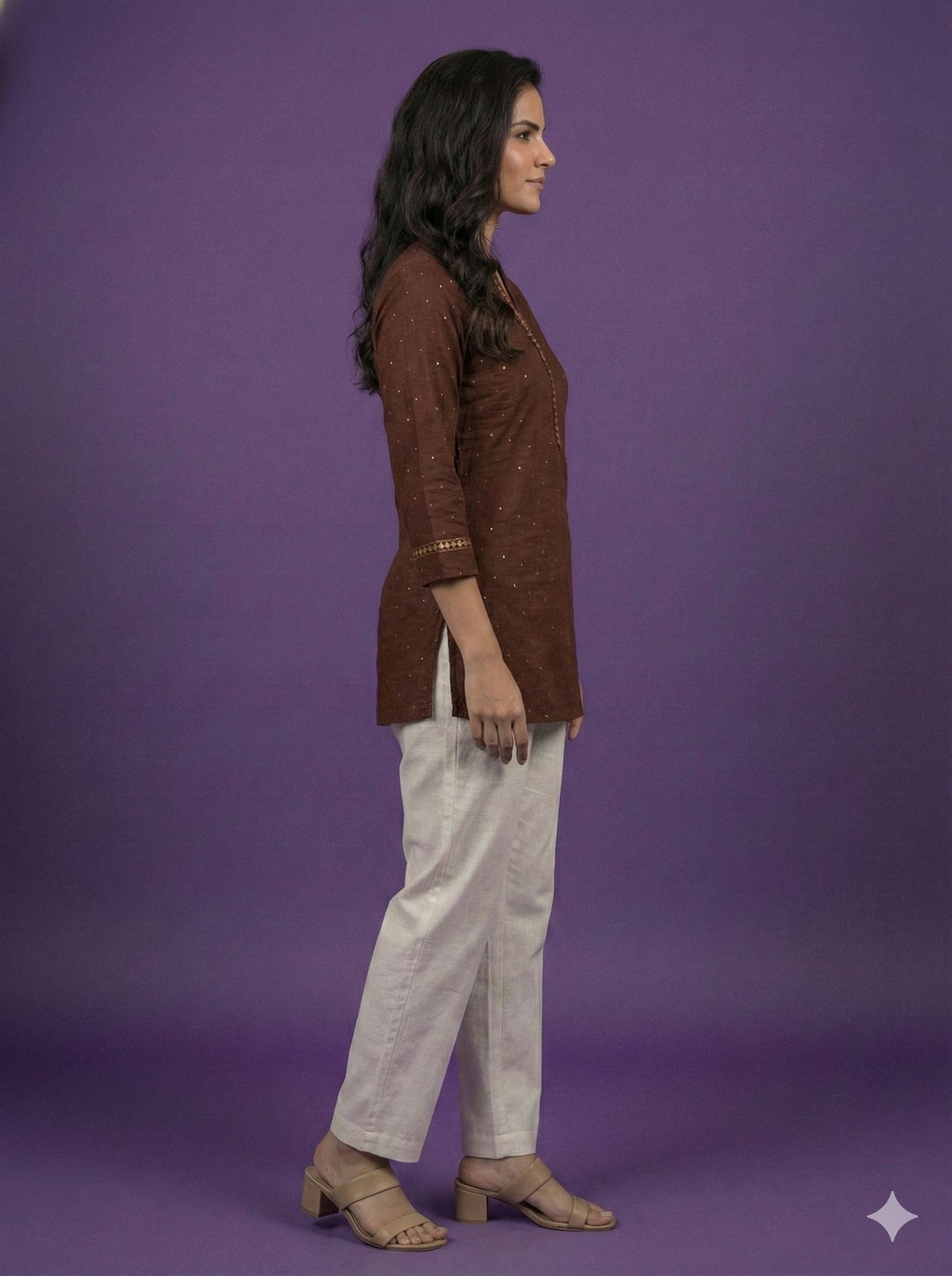 Brown Collard Cotton Short Kurta