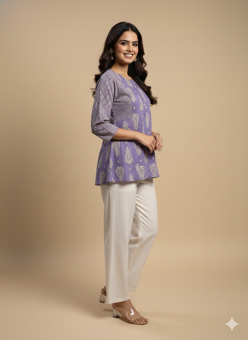 Purple Mandarin Cotton Short Kurta