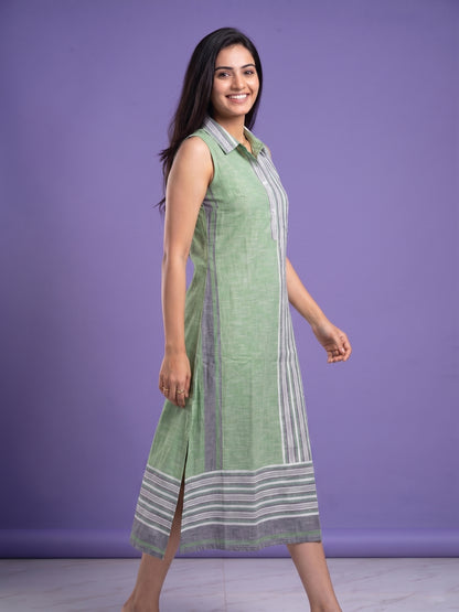 Green Collared Neck Cotton Striped Sleeveless Kurta