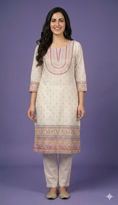 Ivory Round Neck Cotton Kurta