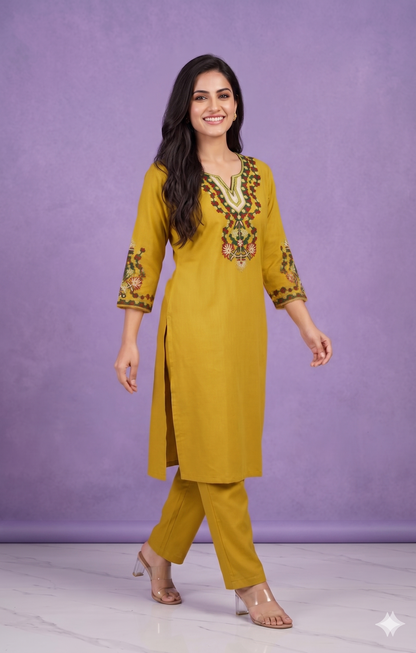 Yellow Round V Neck Cotton Kurta Set