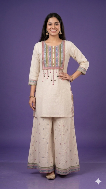 Ivory Round Neck Cotton Kurta Set with Dupatta