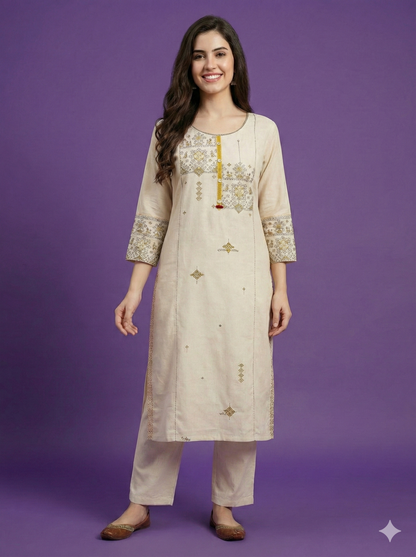 Ivory Round Neck Cotton Kurta