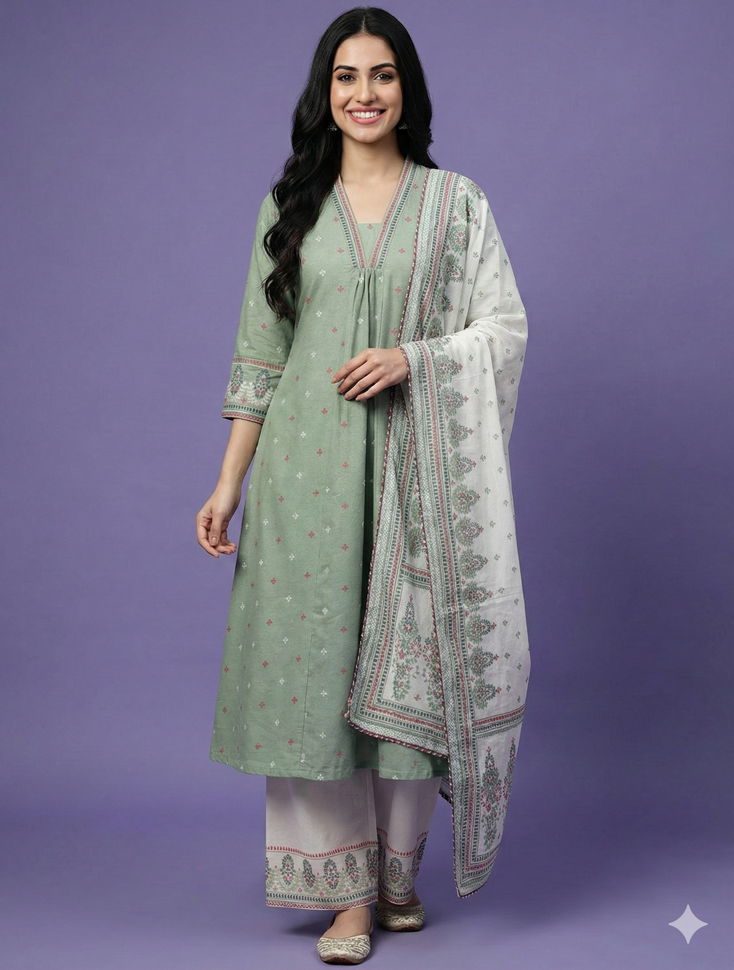 Green V Neck Cotton Kurta