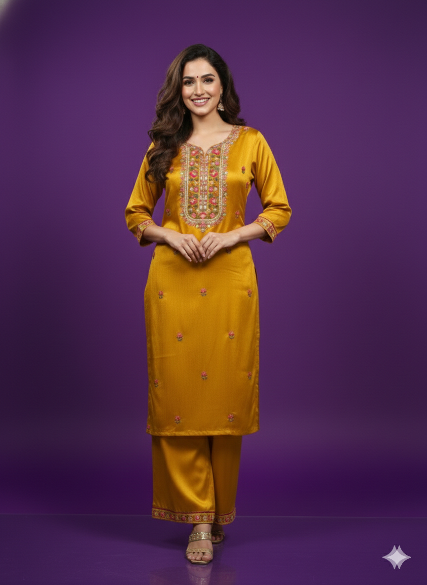 Yellow V-Neck Gaji Silk Kurta Set with Dupatta