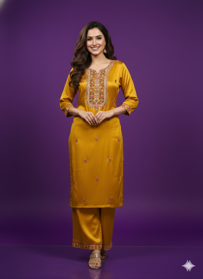 Yellow V-Neck Gaji Silk Kurta Set with Dupatta