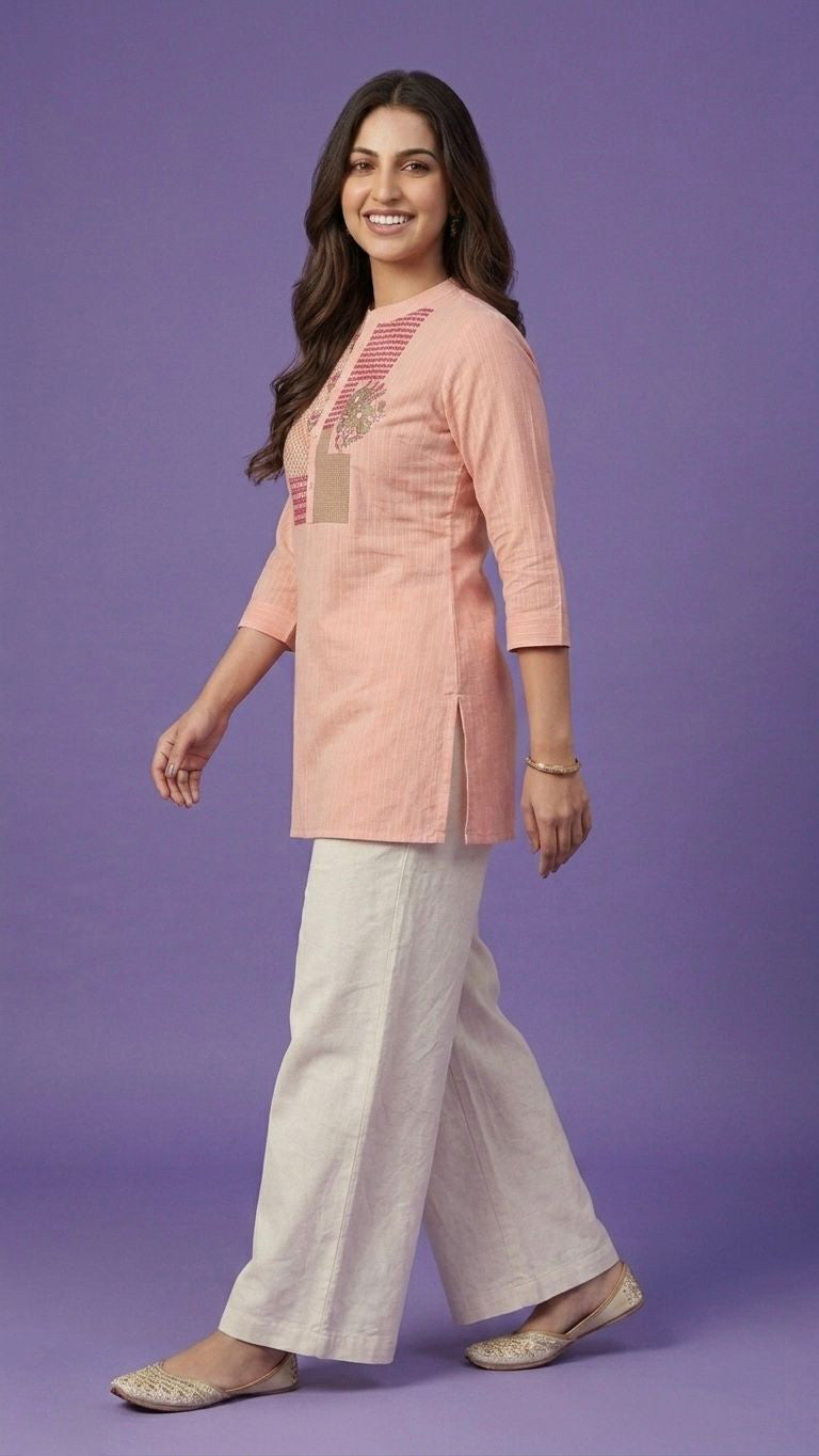 Pink Mandarin Neck Cotton Short Kurta