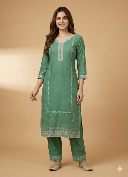 Green Round V Neck Cotton Kurta