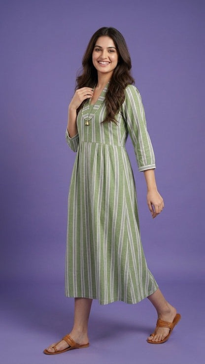 Green Deep V Neck Cotton Striped Kurta