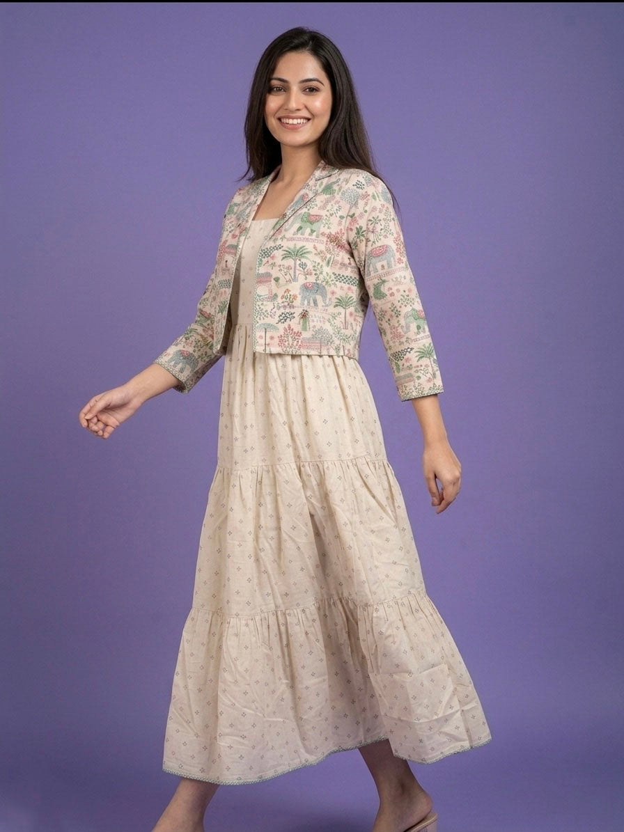 White Round Neck Cotton Linen Gown With Crop Jacket