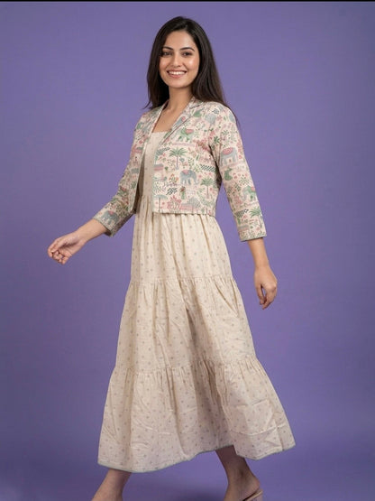 White Round Neck Cotton Linen Gown With Crop Jacket
