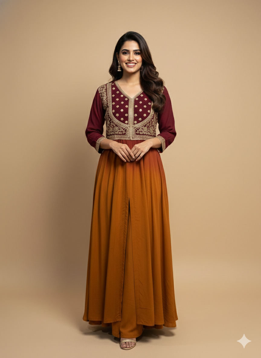 Burgundy V Neck Cotton Kurta Set with Dupatta