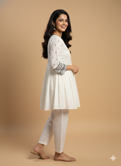 Ivory V neck Cotton Short Kurta