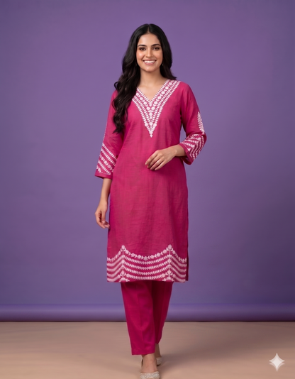Pink V Neck Cotton Kurta Set with Dupatta