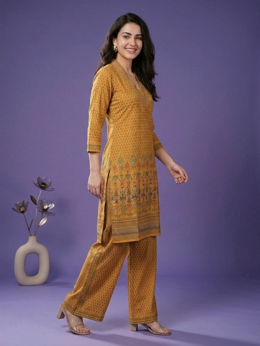 Yellow Deep V Neck Cotton Cord Set