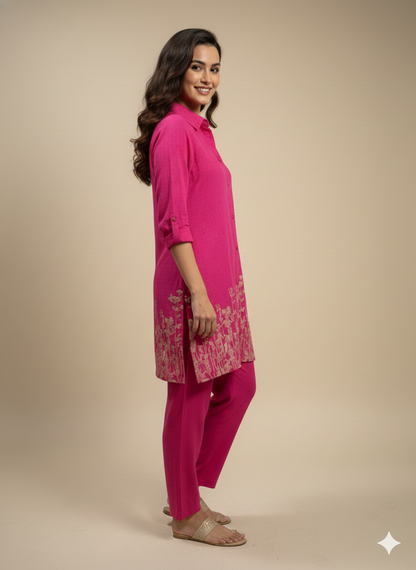Pink Collard Cotton Short Kurta