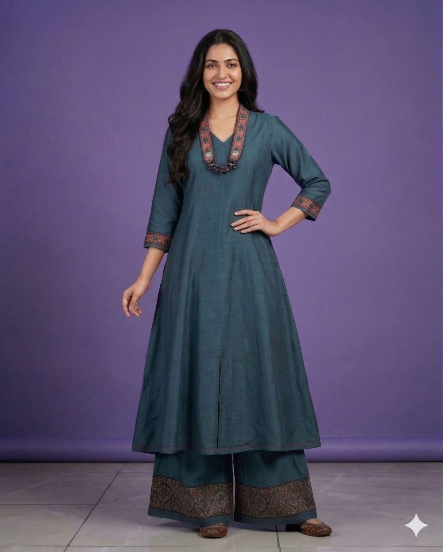 Green V Neck Silk Kurta Set with Dupatta