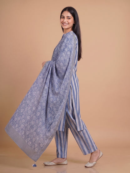 Blue Mandarin Neck Cotton Kurta Set with Dupatta