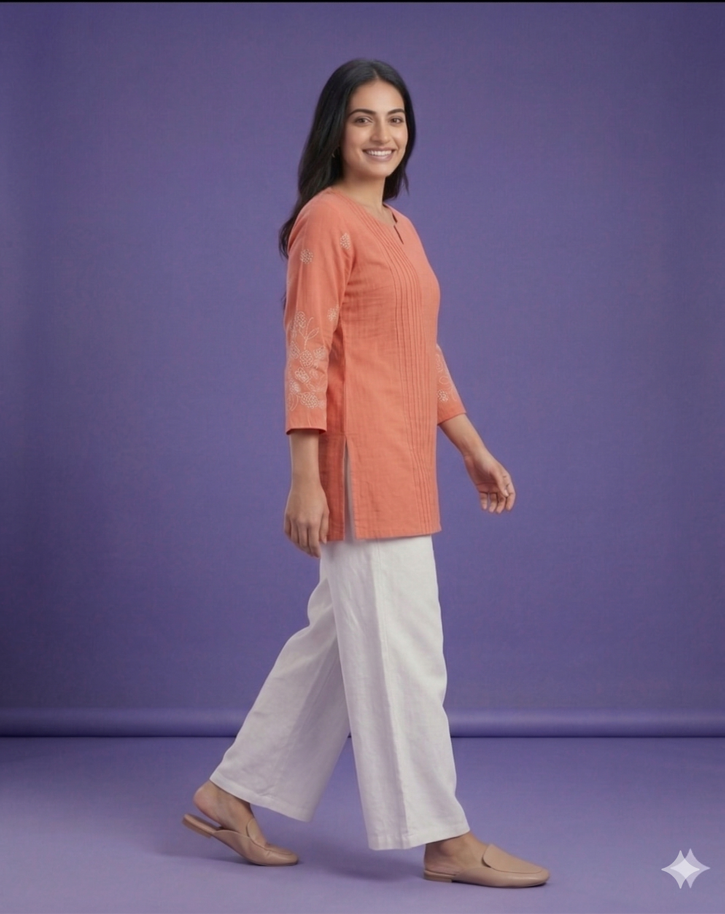 Orange Round V Neck Cotton Short Kurta