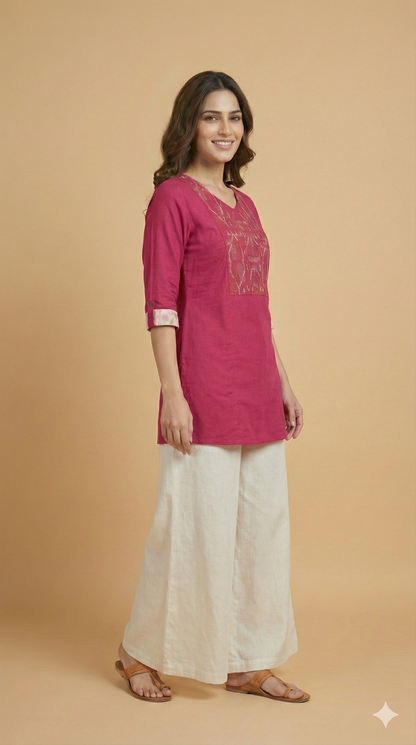 Pink Round V neck Cotton Short Kurta