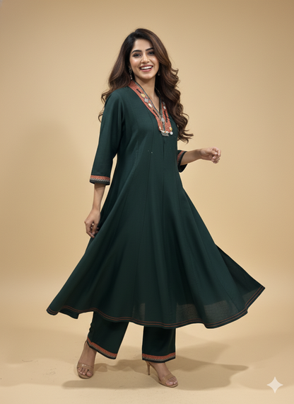 Green V Neck Silk Kurta Set