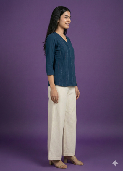 Blue V Neck Cotton Short Kurta