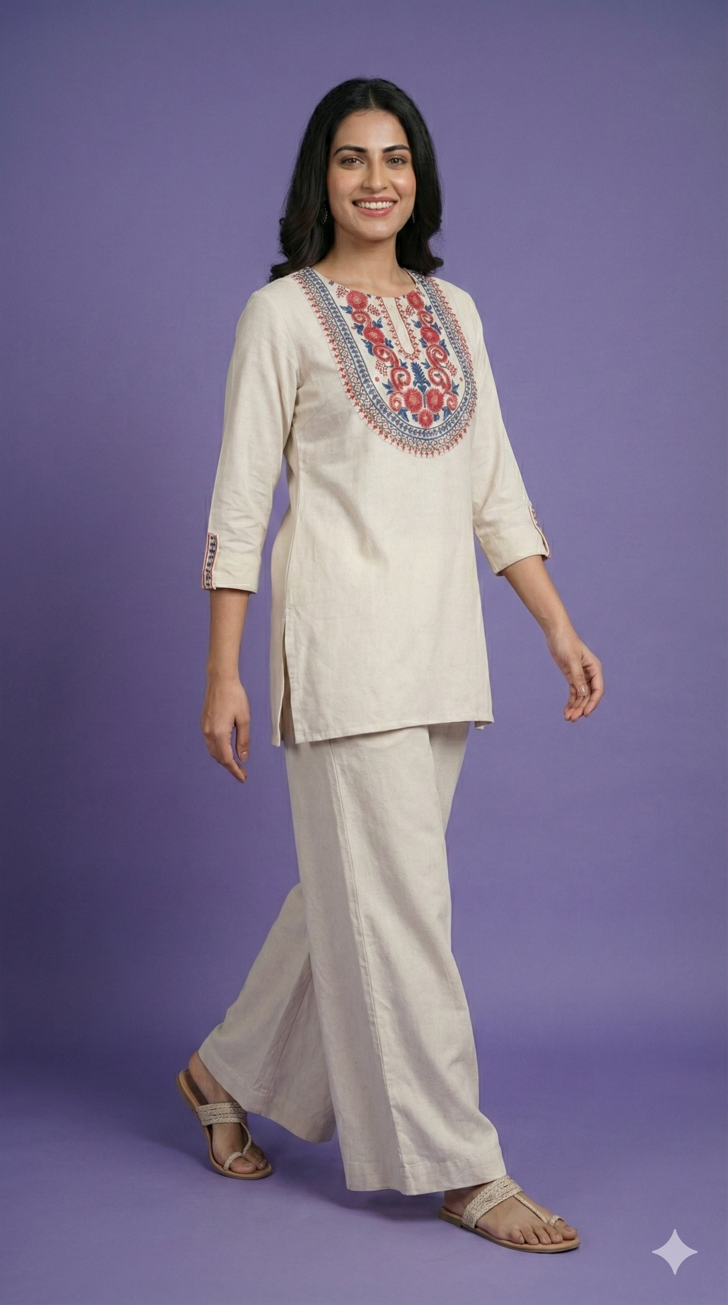 Ivory Round Neck Cotton Short Kurta