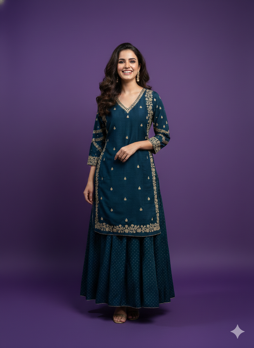 Blue V Neck Viscose 2PCS Set