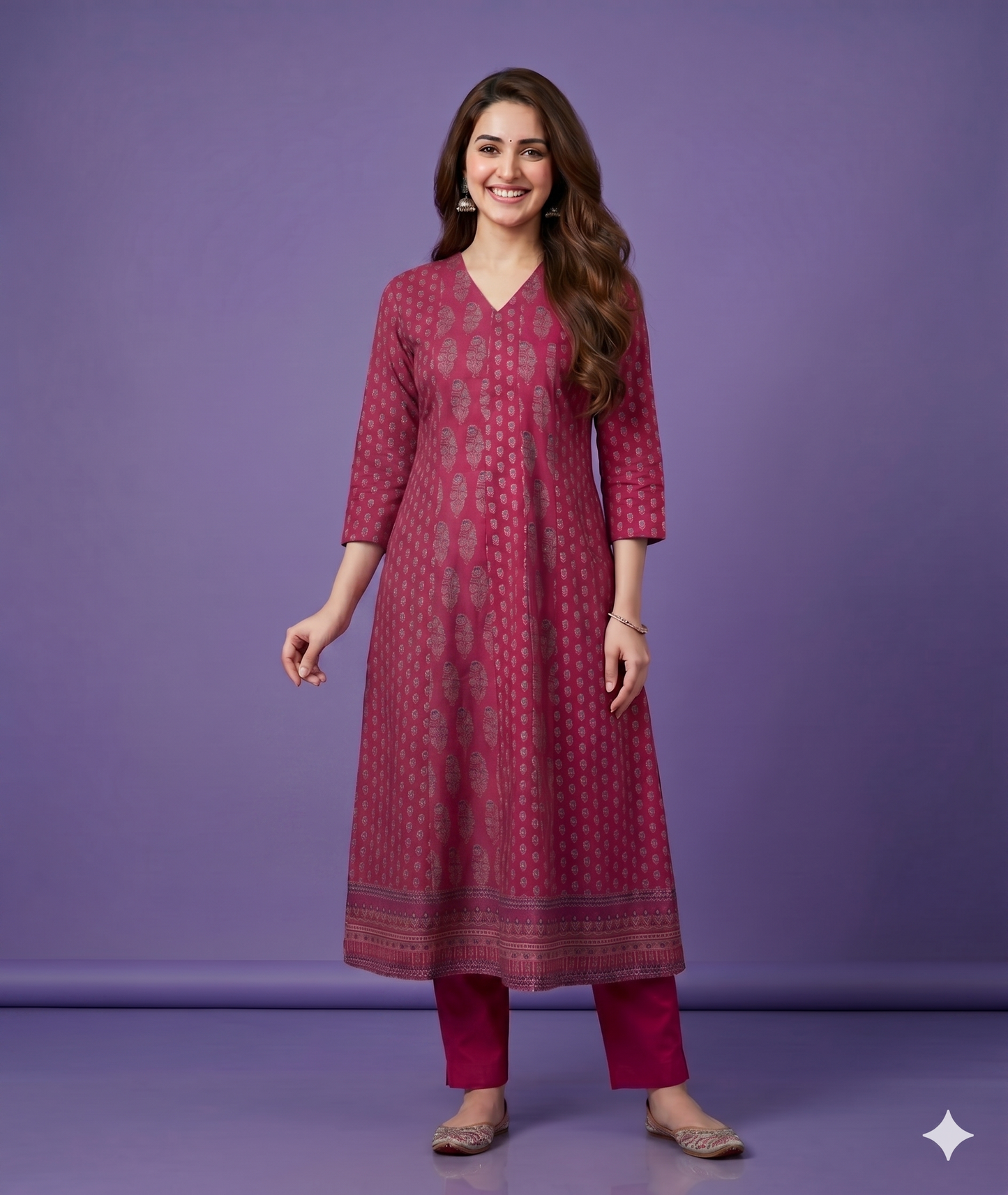 Pink V Neck Cotton Kurta Set with Dupatta