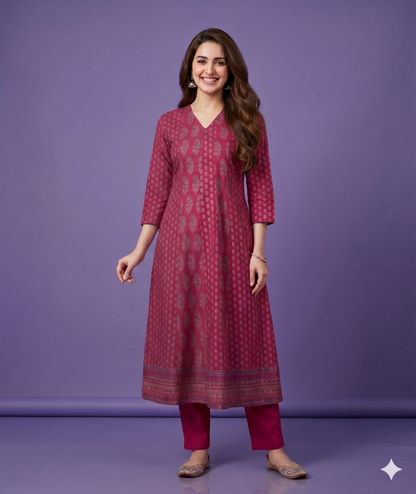 Pink V Neck Cotton Kurta Set with Dupatta