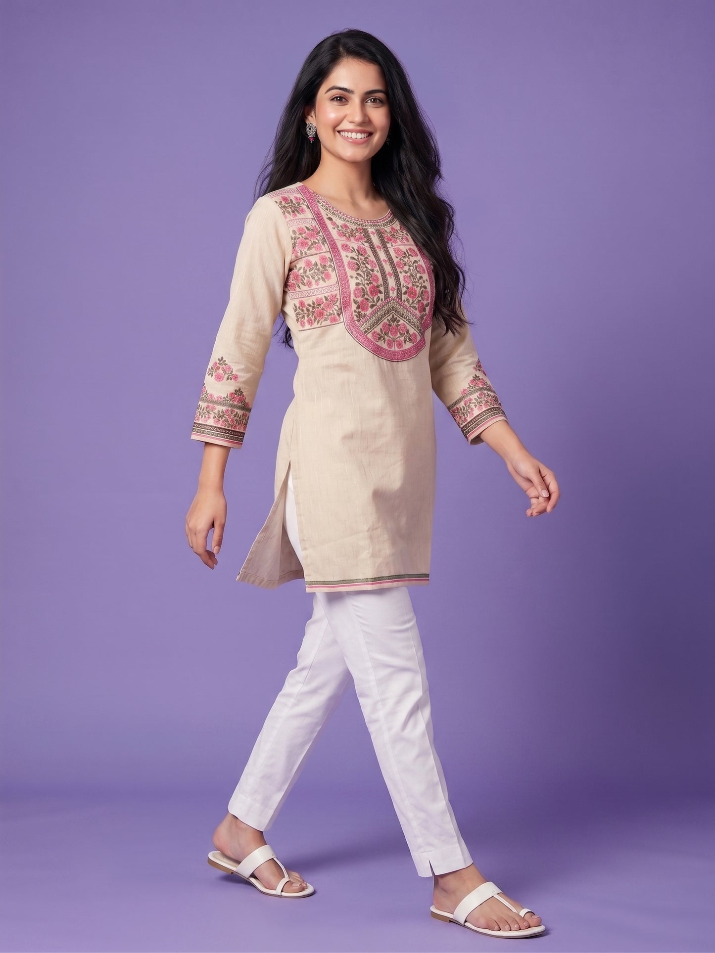 Ivory Round Neck Cotton Short Kurta