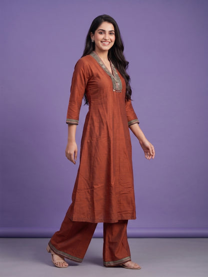 Brown High V Neck Slik Kurta Set