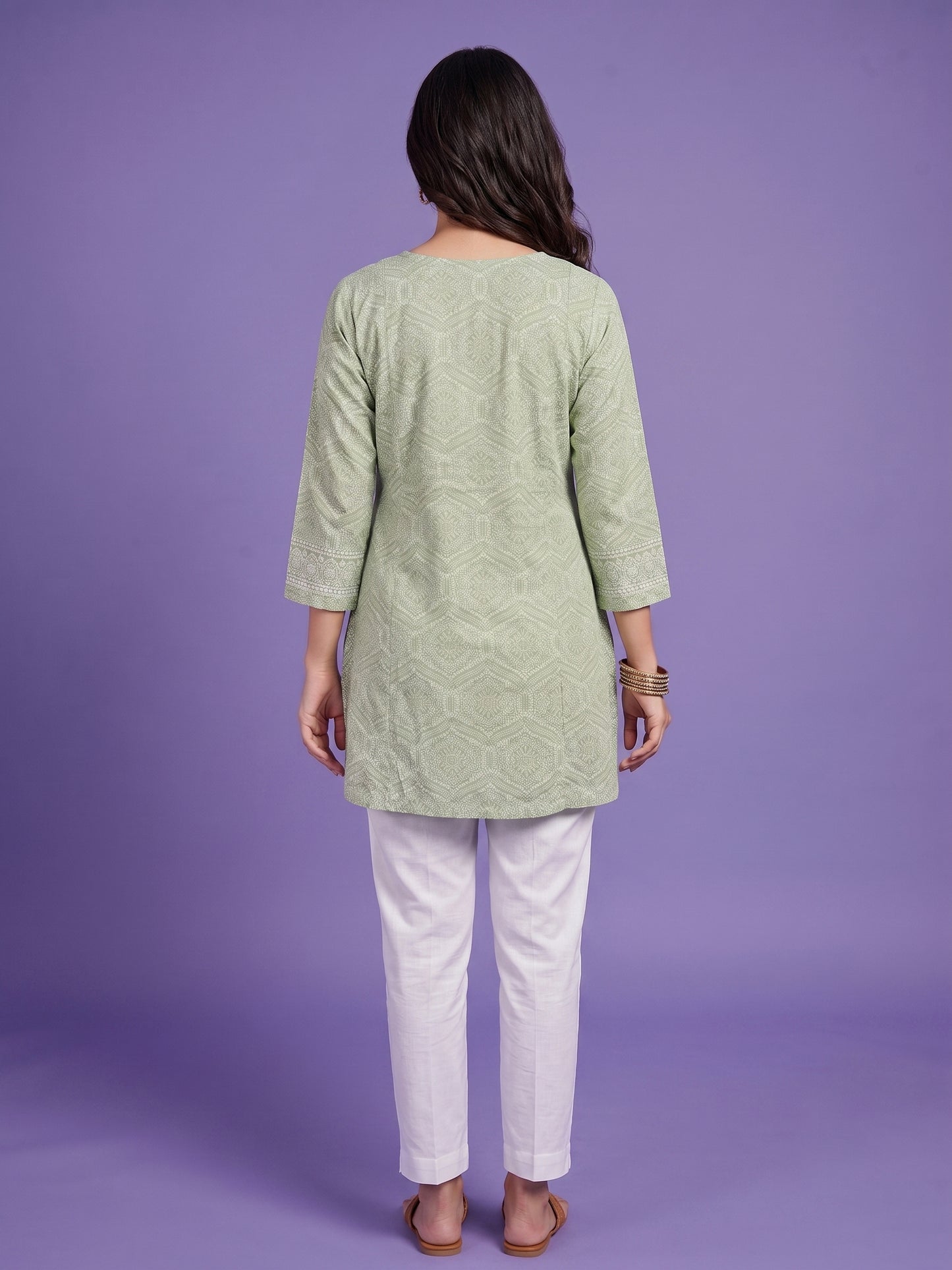 Green Round Neck Reyon Short Kurta
