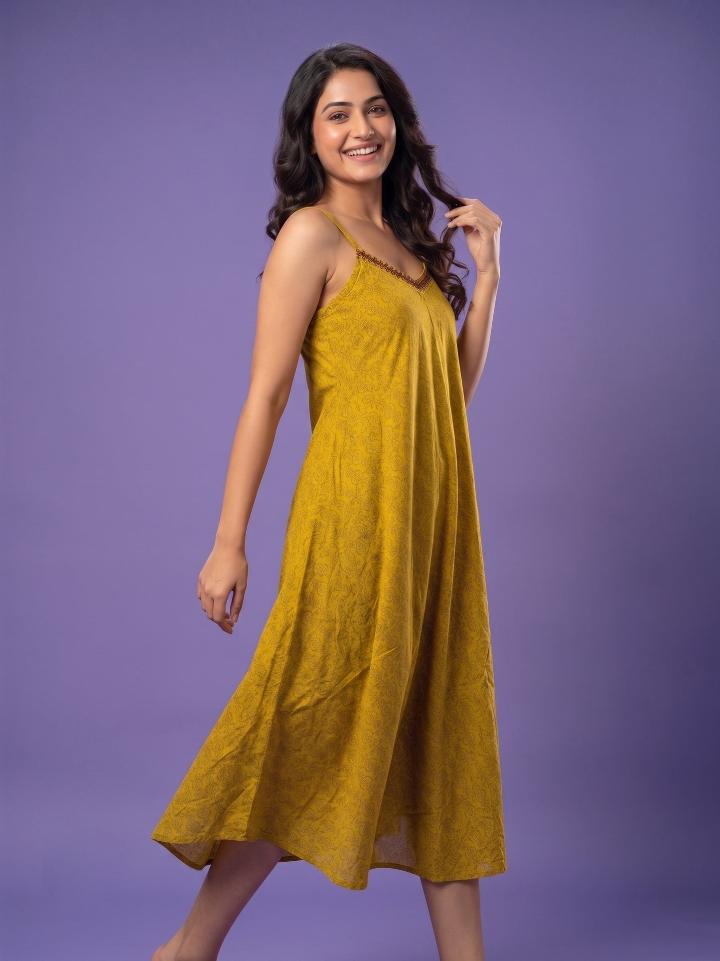 Yellow V Neck Cotton Linen Spaghetti Kurta