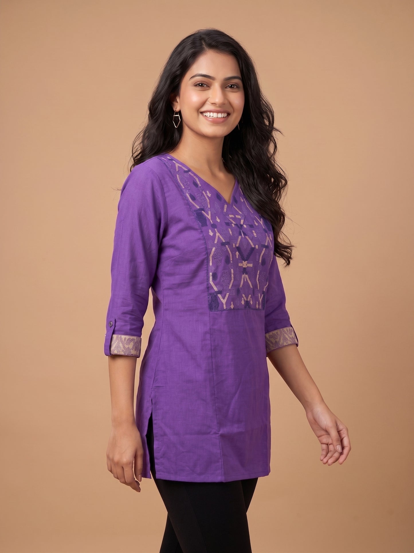 Lavender Round V Neck Cotton Short Kurta