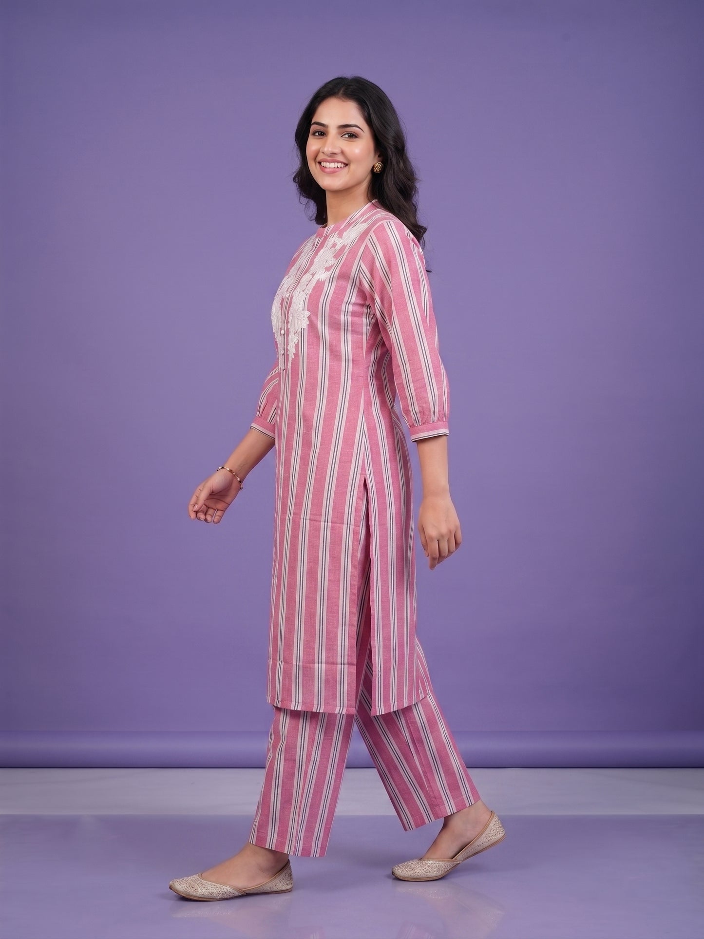 Pink Lavender Mandarin Neck Cotton Cord Set