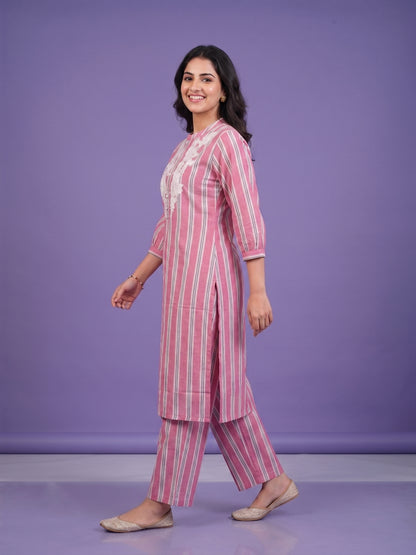 Pink Lavender Mandarin Neck Cotton Cord Set