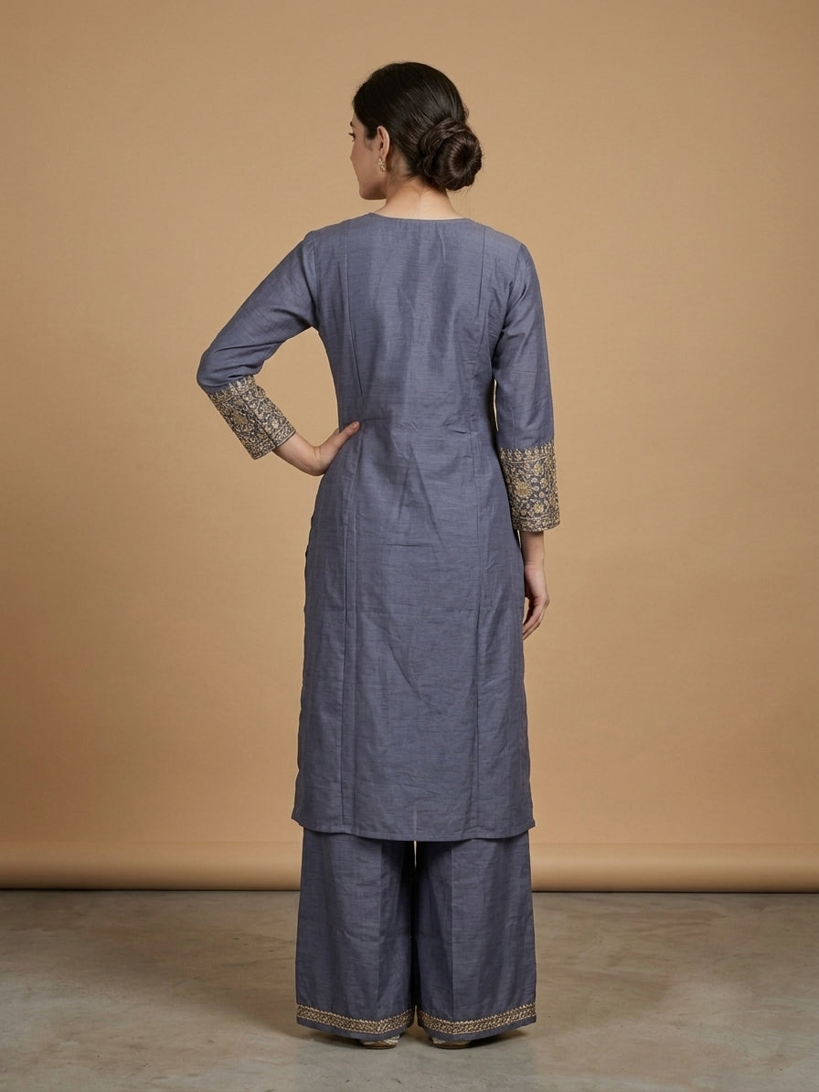 Slub Silk Straight Suit Set with Embroidered Dupatta
