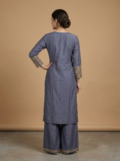 Slub Silk Straight Suit Set with Embroidered Dupatta