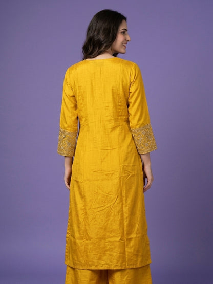 Slub Silk Straight Suit Set with Embroidered Dupatta