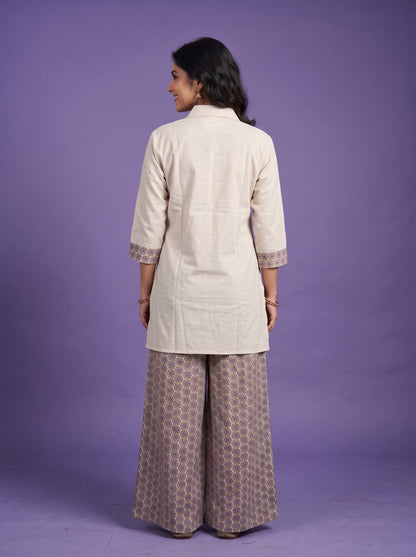 Embroidery Shirt Tunic Set with Printed Palazzo - Cotton Linen