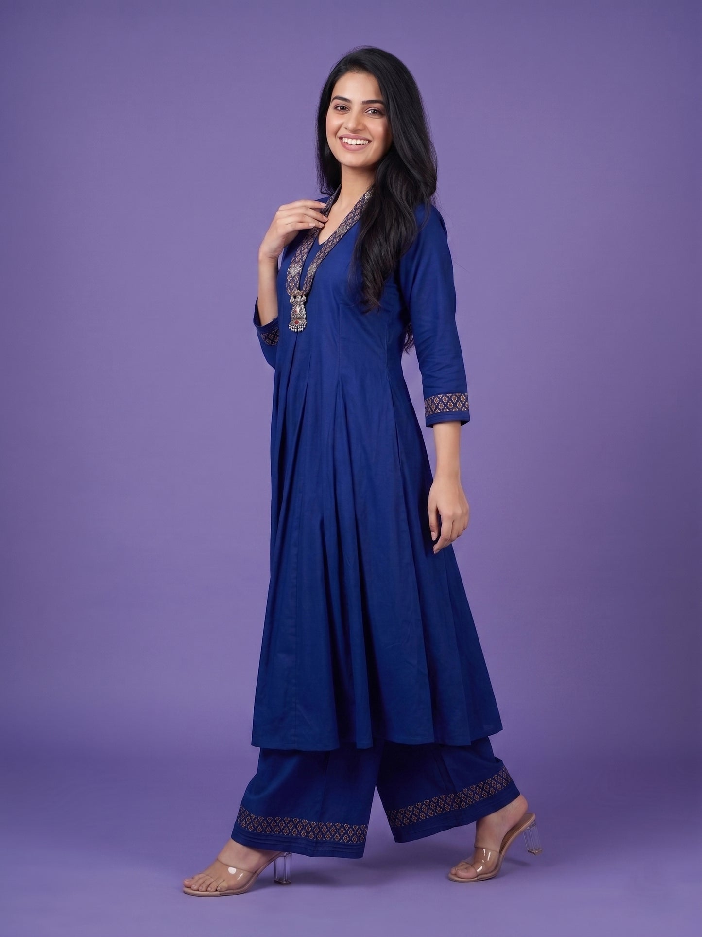 Blue V Neck Silk Cord Set