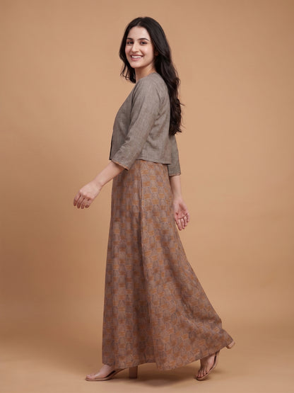 Grey Round Neck Cotton Naps Gown With Crop Jacket