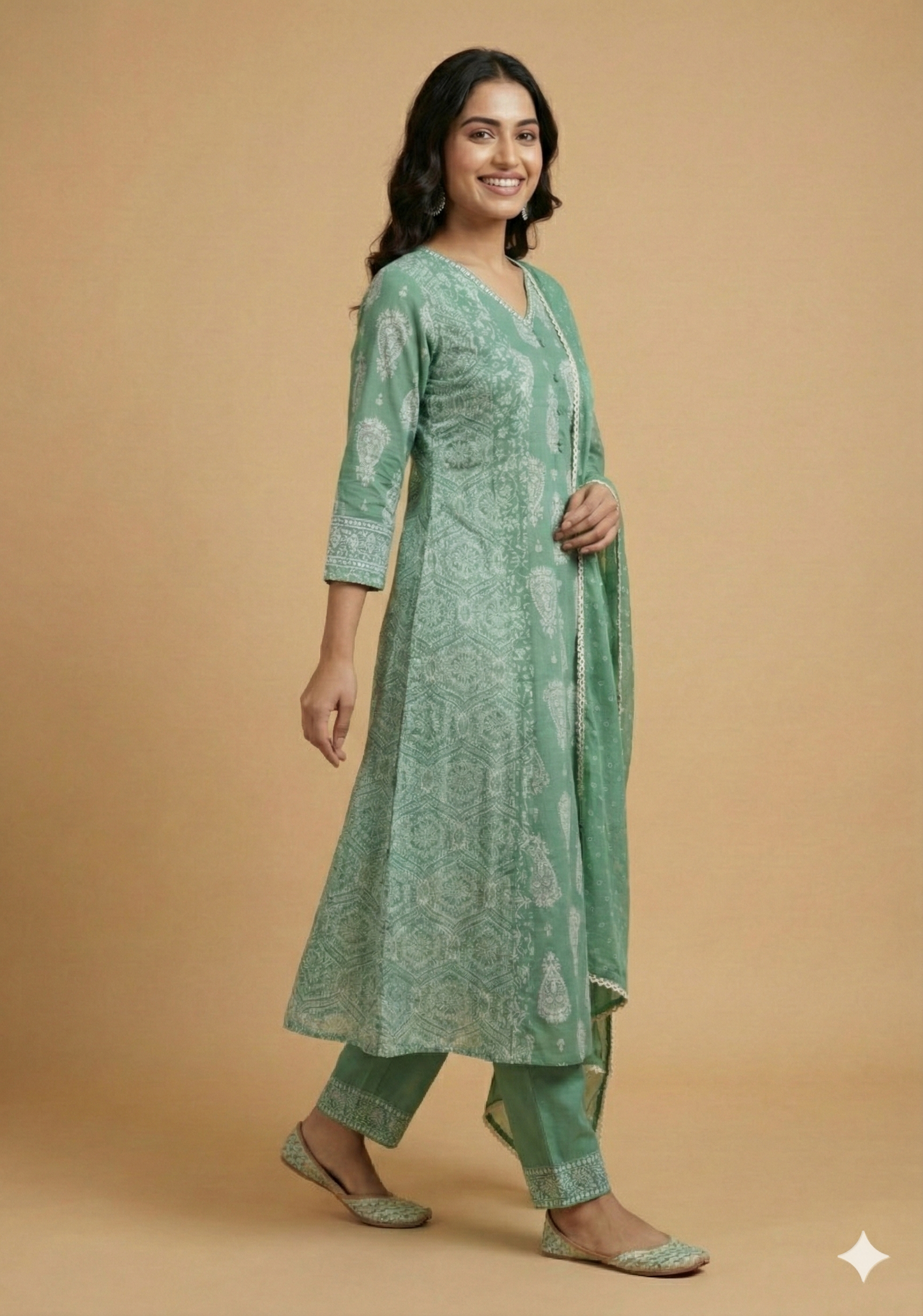Green V Neck Cotton Kurta