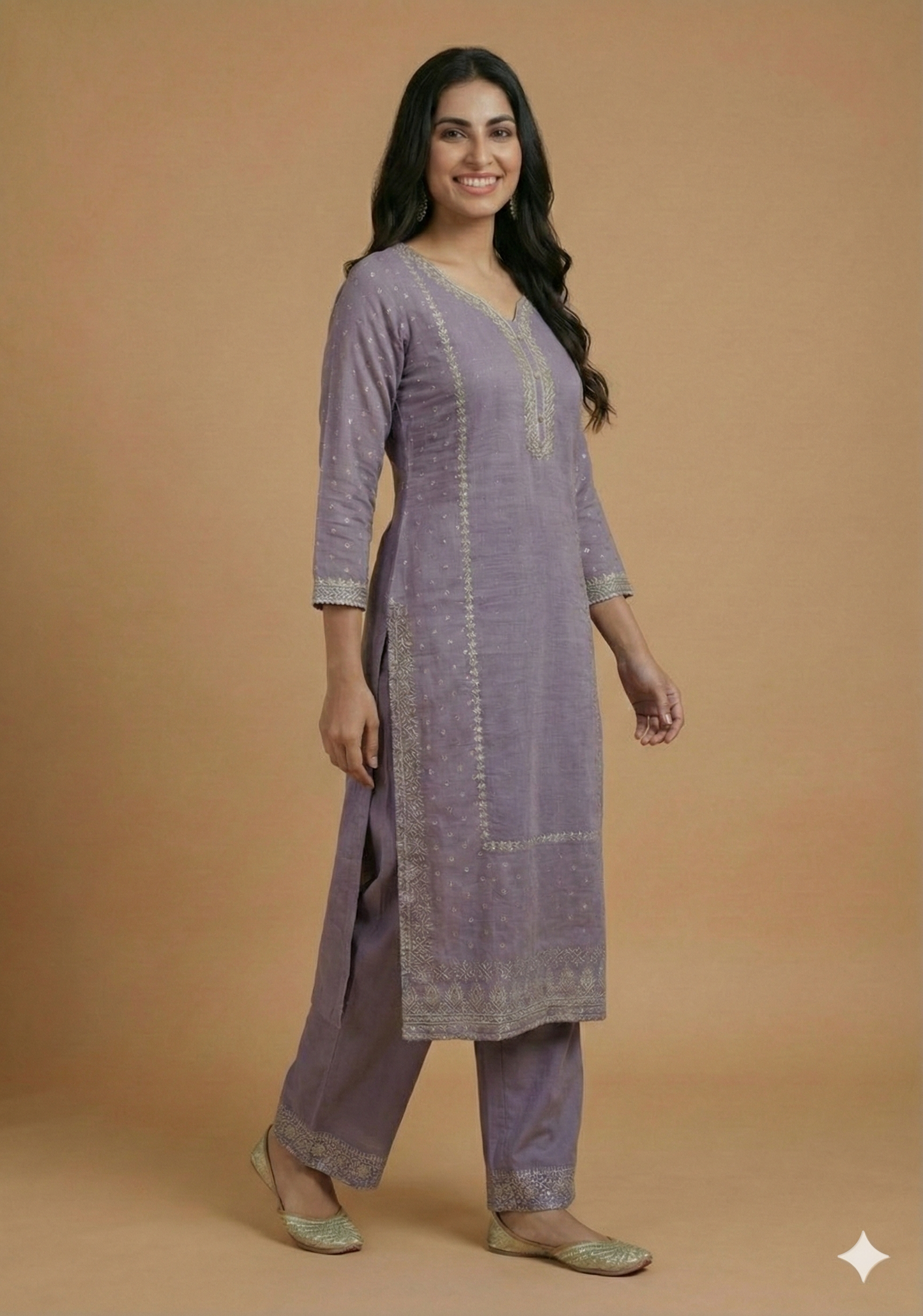 Purple Round V Neck Cotton Kurta