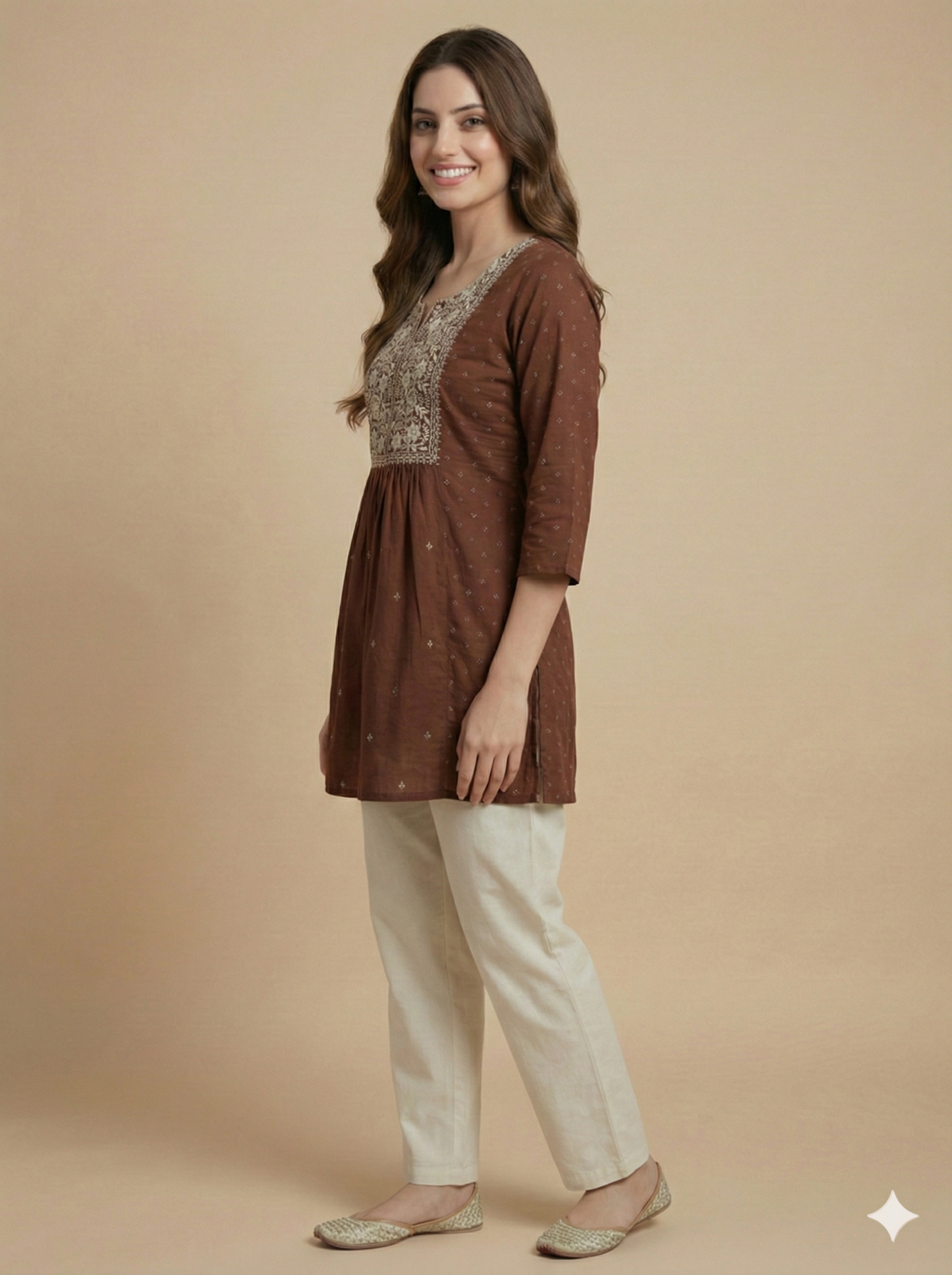 Brown Round V Neck Cotton Short Kurta