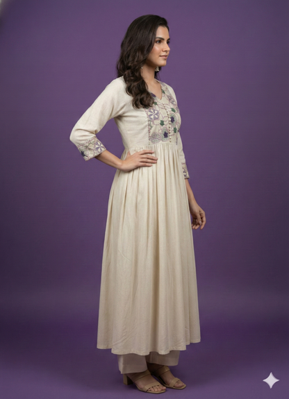 Ivory V Neck Cotton Kurta