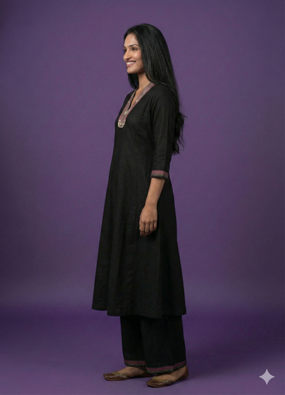 Black V Neck Silk Kurta Set