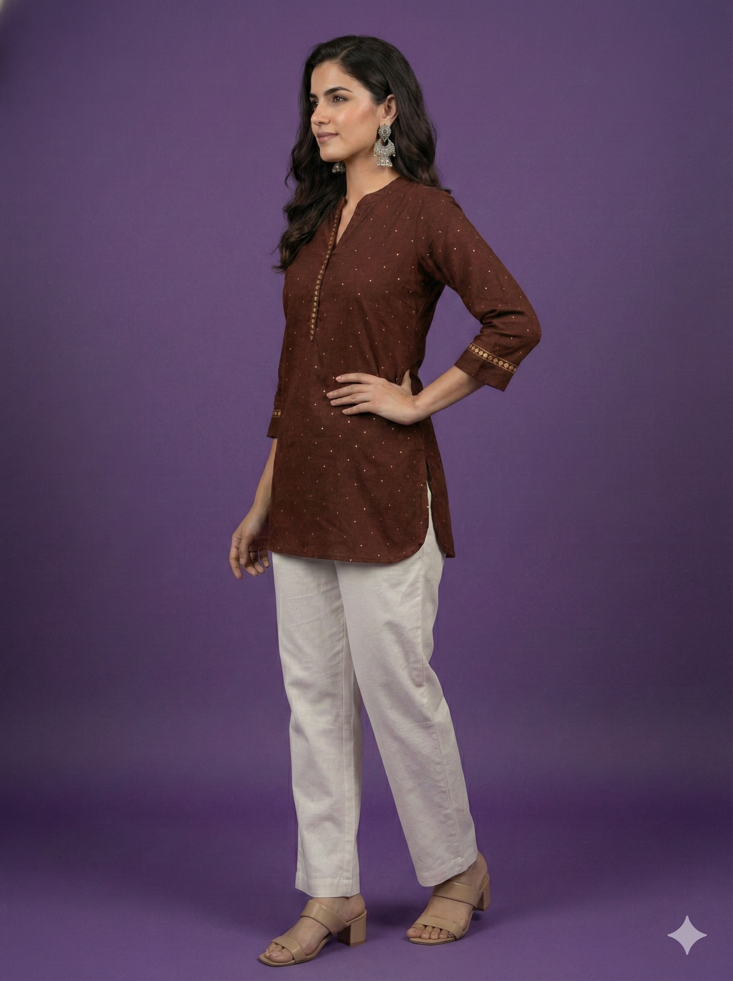 Brown Collard Cotton Short Kurta