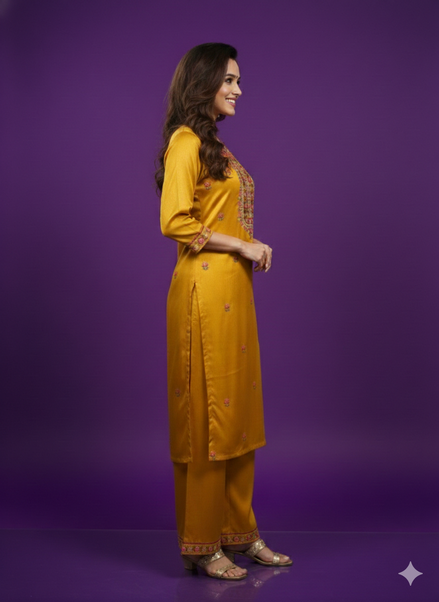 Yellow V-Neck Gaji Silk Kurta Set with Dupatta